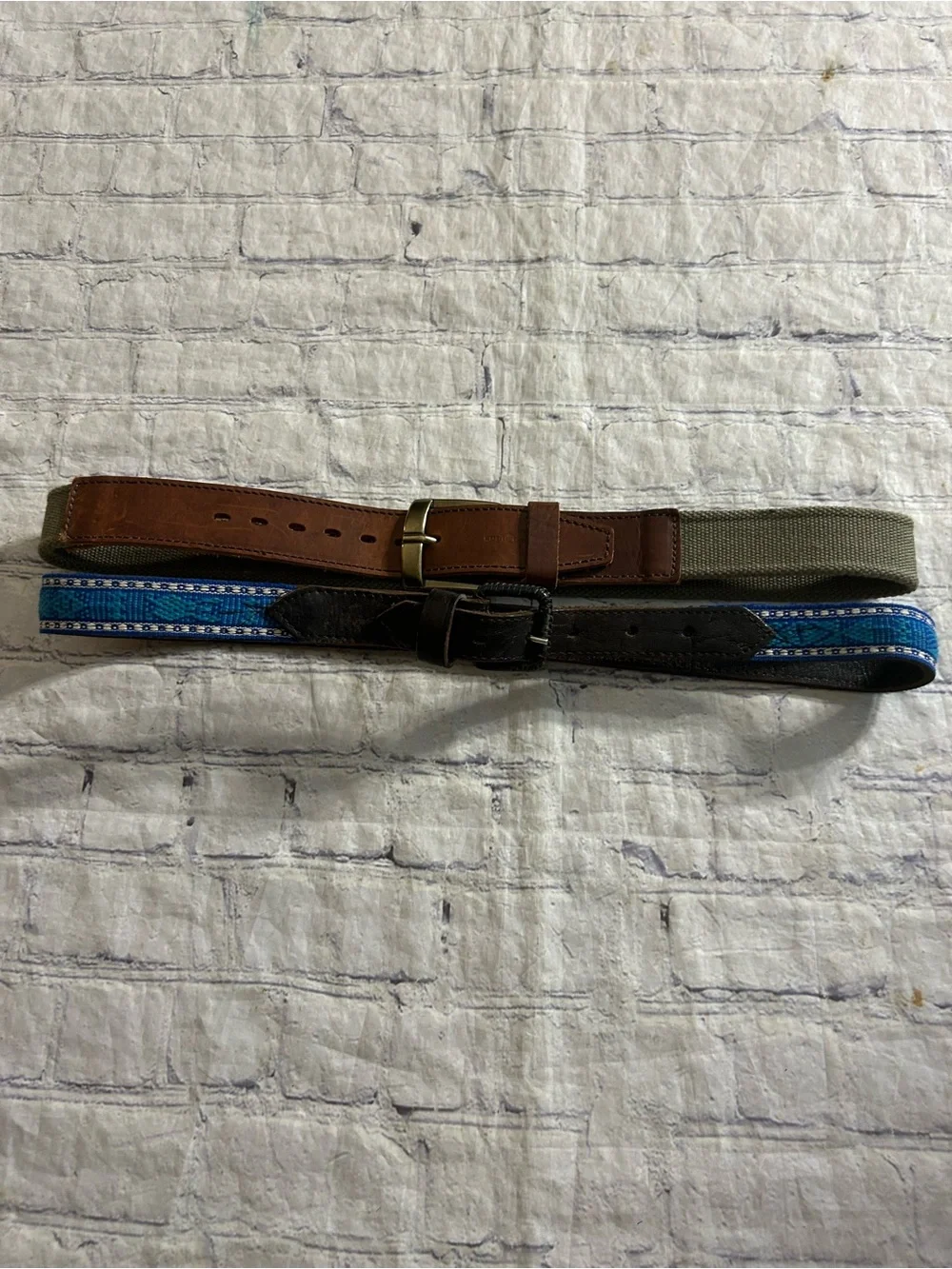 CHUNKY BROWN LEATHER ON SAGE WEB BAND SIZE 34 & VTG BLUE MULTI EMBOSSED BELTS